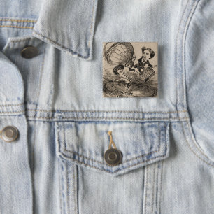 French Caricature Of Balloonist In Hot Air Balloon 15 Cm Square Badge