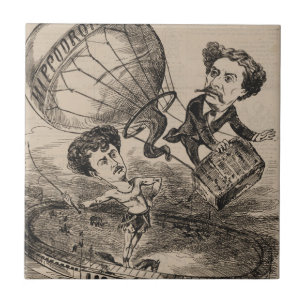 French Caricature Of Balloonist In Hot Air Balloon Tile