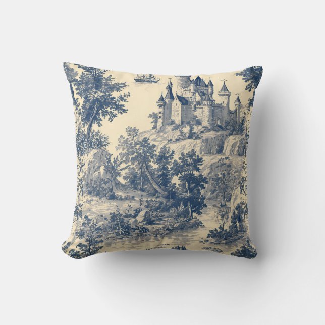 French Castle Toile de Jouy Cushion (Front)