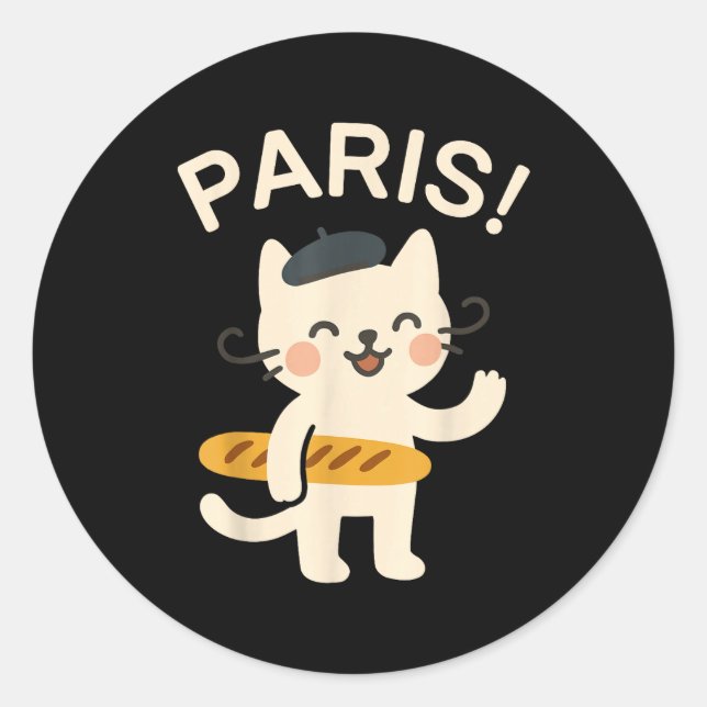 French Cat With Baguette Cute Cat Paris Funny Anim Classic Round Sticker (Front)