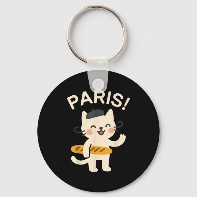 French Cat With Baguette Cute Cat Paris Funny Anim Key Ring (Front)