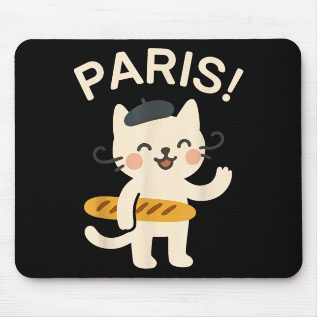 French Cat With Baguette Cute Cat Paris Funny Anim Mouse Pad (Front)
