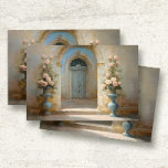 French Chateau Courtyard Blue Pink Floral Roses Tissue Paper<br><div class="desc">ELEGANT DECOUPAGE painting of a French Chateau courtyard with urns overflowing with pale blush pink roses. Blue large urns stand guard over the entrance and rustic elegance of the vintage archway and distressed door. Shabby chic junk journal Botanical style image with crackled texture provides instant antiquity for your furniture or...</div>