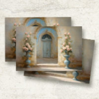 French Chateau Courtyard Blue Pink Floral Roses