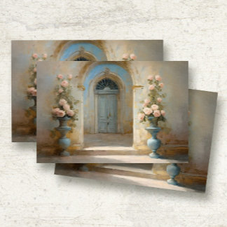 French Chateau Courtyard Blue Pink Floral Roses Tissue Paper