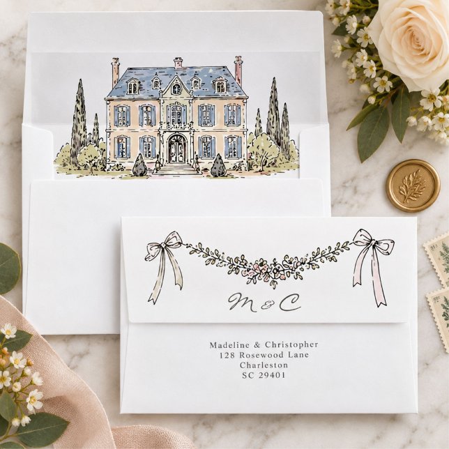 French Chateau Floral Bow Wedding Monogram Envelope (Creator Uploaded)