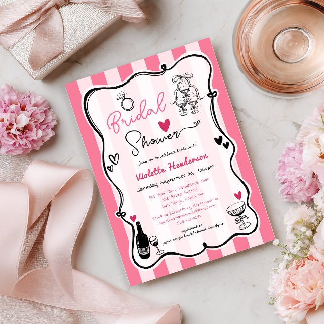 French Chic Hand Drawn Pink Stripe Bridal Shower  Invitation (Creator Uploaded)
