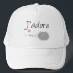 French Chic J'adore Tennis Player Design     Trucker Hat<br><div class="desc">I love tennis design in chic french language, with white retro tennis racket. Personalised classic chic, preppy & elegant tennis design gift for tennis player. Simple, minimalist gift for your tennis coach or tennis team. Personalised Gift for a tennis player. J'adore tennis illustration. Trendy tennis players tournament pastel aesthetic home...</div>