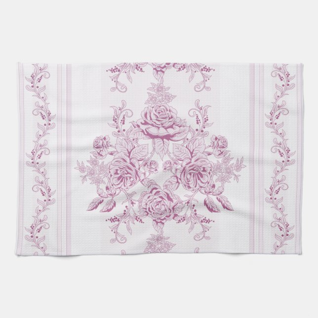 French chic,pink,toile,floral,pattern,victorian,Fl Tea Towel (Horizontal)