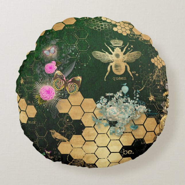 French chic, victorian,bee,floral,gold foil, belle round cushion (Front)