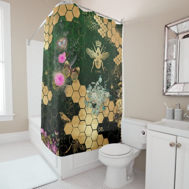 French chic, victorian,bee,floral,gold foil, belle shower curtain (In Situ)
