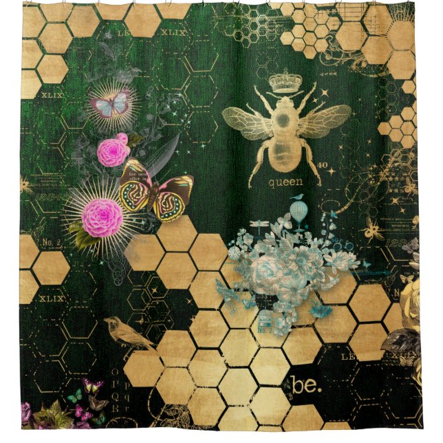 French chic, victorian,bee,floral,gold foil, belle shower curtain (Front)