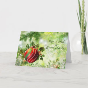 French Christmas red green bauble, holly, pine Holiday Card