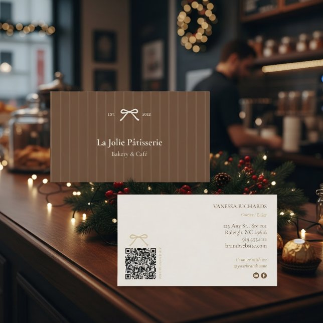 French Cocoa Cream Pinstripe QR Code Bakery  Business Card (Creator Uploaded)