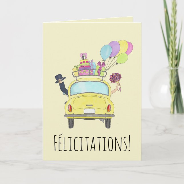 French Congratulations on Wedding Day Yellow Car Card (Front)