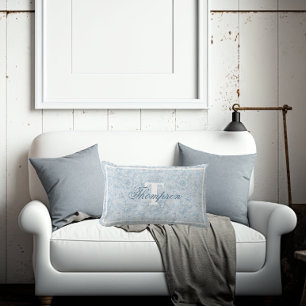 French Cottage Dusty Blue Floral Monogram Lumbar Cushion