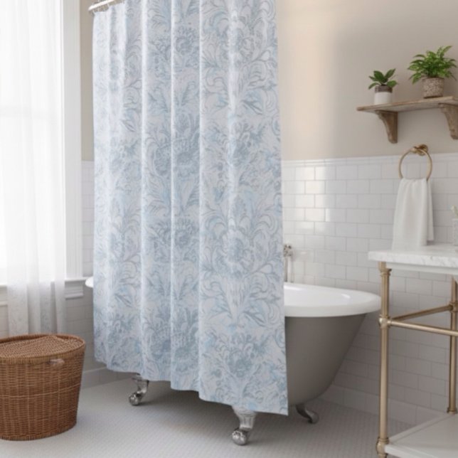 French Cottage Dusty Blue Floral Shower Curtain (Creator Uploaded)