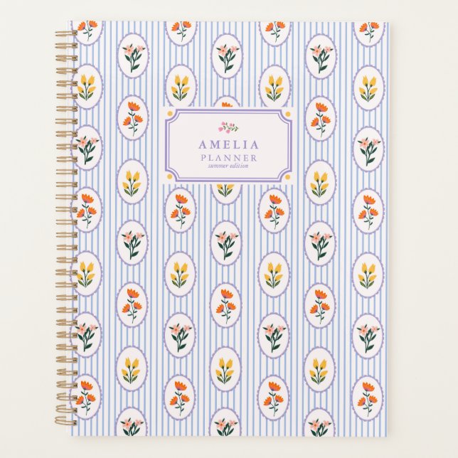 French, Cottage Style Floral, Blue Stripes  Planner (Front)