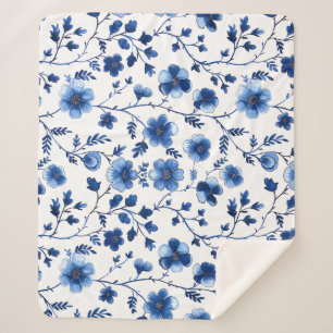 French Cottagecore Blue Floral Patterns Tissue Pap Sherpa Blanket