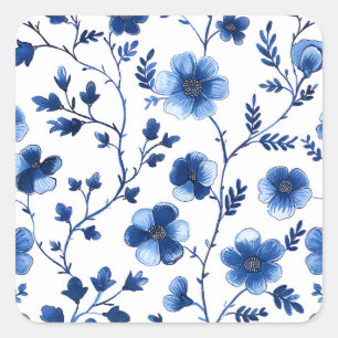 French Cottagecore Blue Floral Patterns Tissue Pap Square Sticker