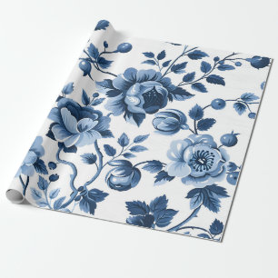 French Cottagecore Blue Floral Patterns Wrapping Paper