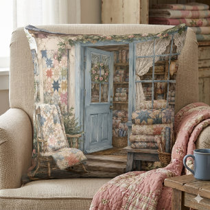 French Cottagecore Quilt Shop Watercolor Cushion