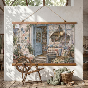 French Cottagecore Quilt Shop Watercolor Hanging Tapestry