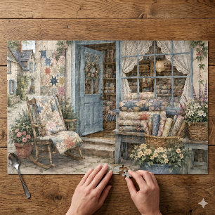 French Cottagecore Quilt Shop Watercolor Jigsaw Puzzle