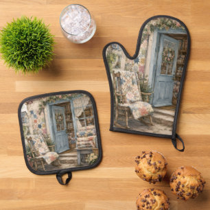 French Cottagecore Quilt Shop Watercolor Oven Mitt & Pot Holder Set