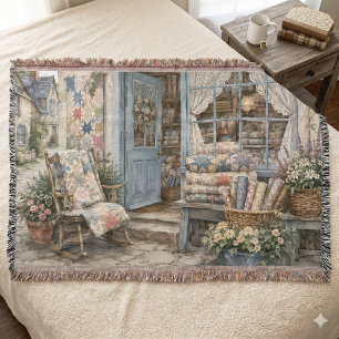 French Cottagecore Quilt Shop Watercolor Throw Blanket