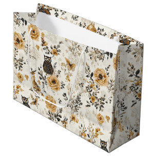 French Country Beige Owl Floral Pattern Large Gift Bag