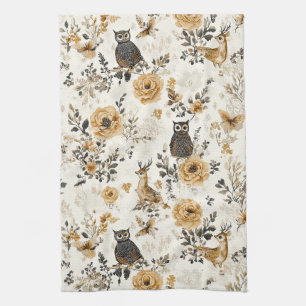 French Country Beige Owl Floral Pattern Tea Towel