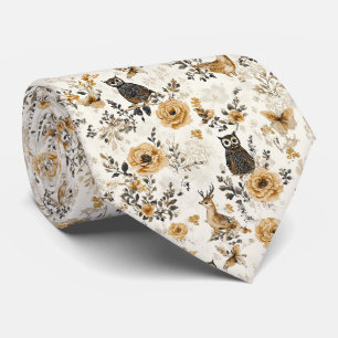 French Country Beige Owl Floral Pattern Tie