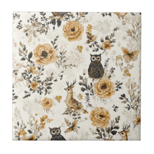 French Country Beige Owl Floral Pattern Tile