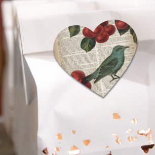 french country bird retro botanical red cherry heart sticker