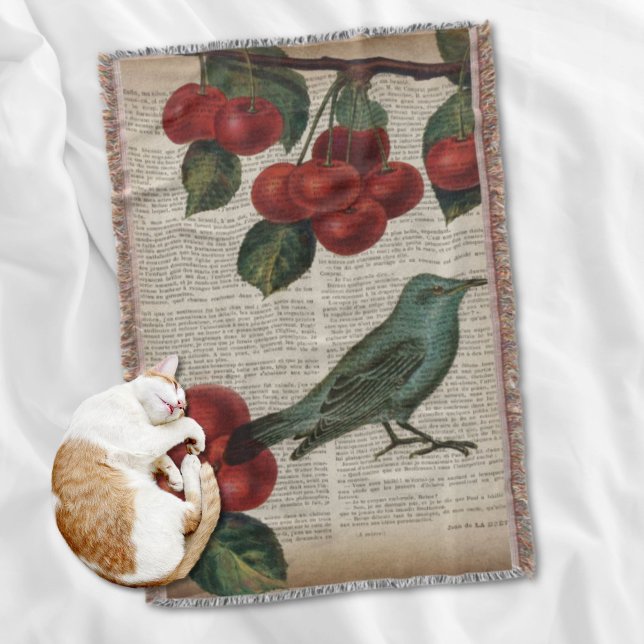 french country bird retro botanical red cherry throw blanket (french country bird retro botanical red cherry throw blanket)