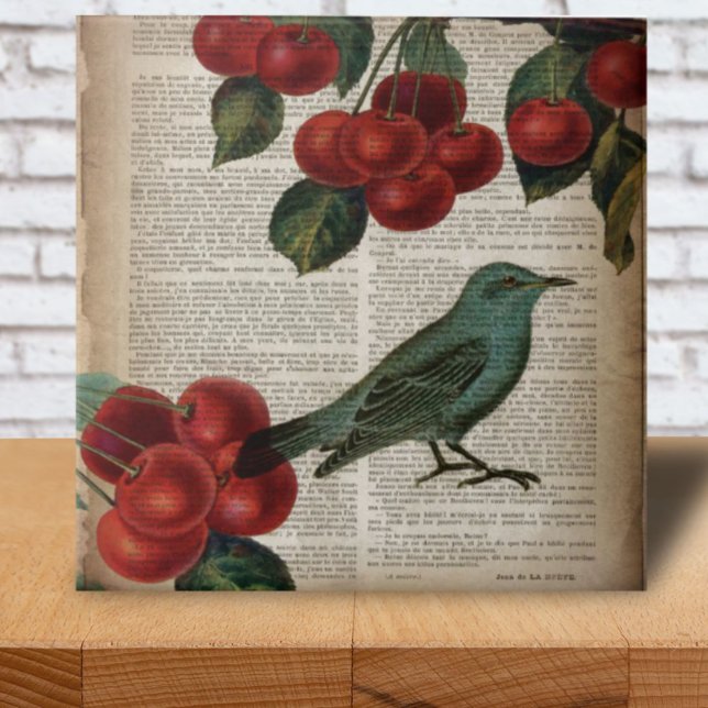 french country bird retro botanical red cherry tile (french country bird retro botanical red cherry tile)