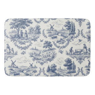 French Country - Blue & Cream Toile Countryside Bath Mat