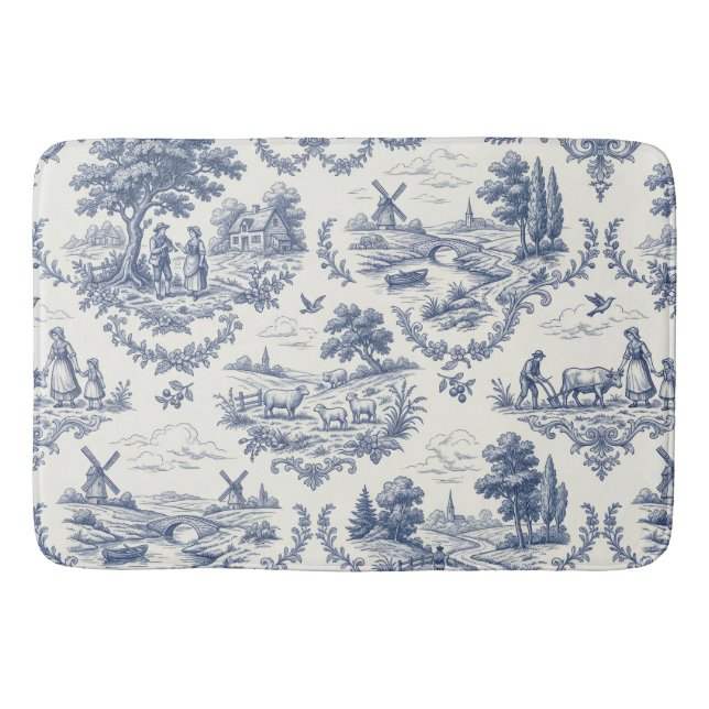French Country - Blue & Cream Toile Countryside Bath Mat (Front)