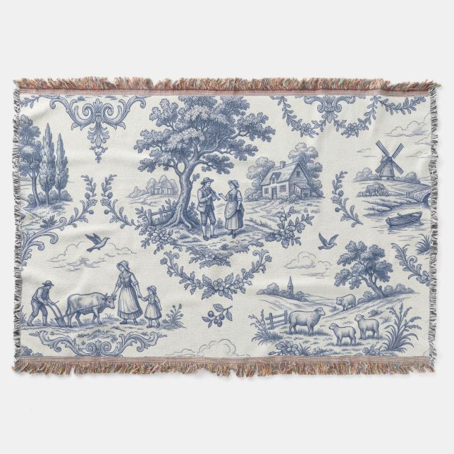 French Country - Blue & Cream Toile Countryside Throw Blanket (Front)