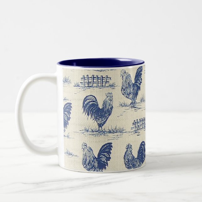 French Country Blue Roosters Coffee Cup (Left)