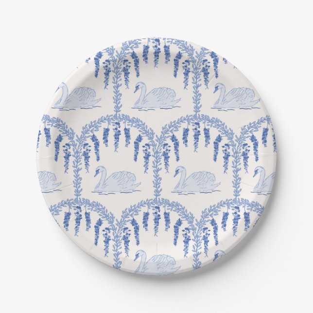 French Country Blue Swans and Floral Vines Paper Plate (Front)