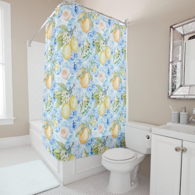 French Country Blue Tile Yellow Lemon Watercolor Shower Curtain (In Situ)