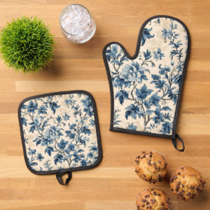 French Country Blue Toile Oven Mitt & Pot Holder Set