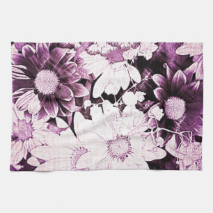 French country boho chic wildflower purple daisy tea towel