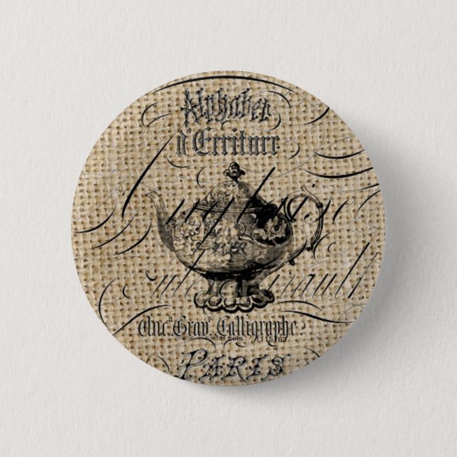 french country burlap scripts teapot tea party 6 cm round badge (Front)