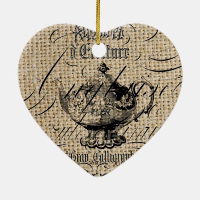 french country burlap scripts teapot tea party ceramic tree decoration (Back)