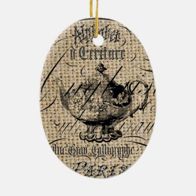french country burlap scripts teapot tea party ceramic tree decoration (Back)