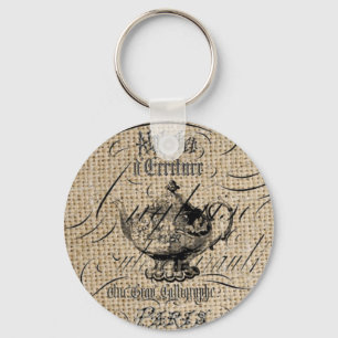 french country burlap scripts teapot tea party key ring