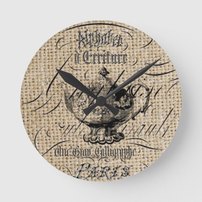 french country burlap scripts teapot tea party round clock (Front)